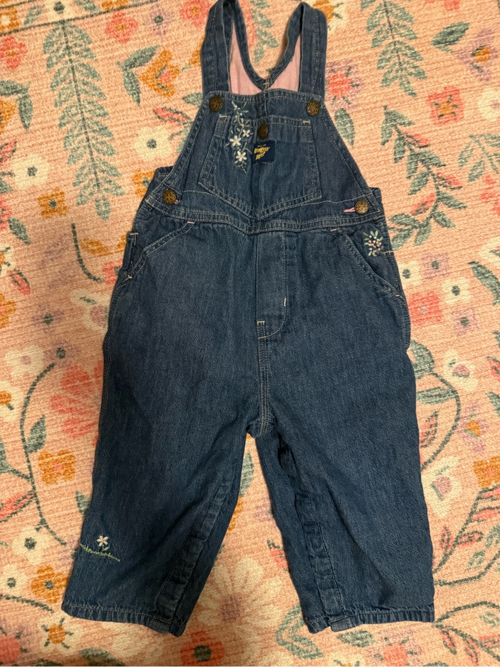 Vintage OshKosh B'gosh Navy Denim Overalls with Tiny Floral Embroidery